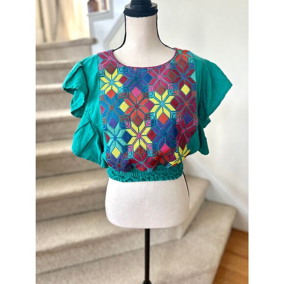 Mexican Embroidery Ruffle Blouse Cropped Teal Green Rainbow Star Western Boho - Picture 1 of 4